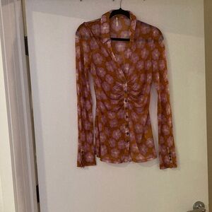 Free People Floral Ruched Blouse - Pink and Orange